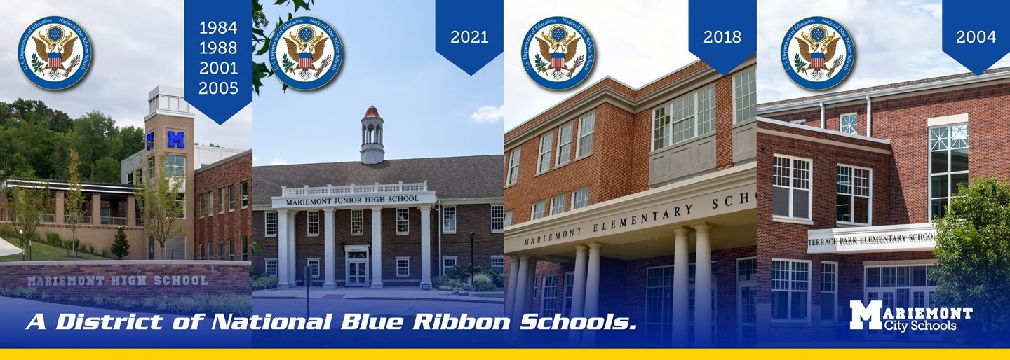 School Buildings with Blue Ribbon Logos and Years &#34;A District of National Blue Ribbon Schools&#34;